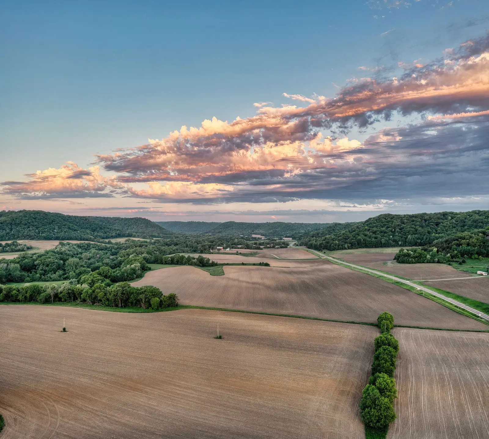 Farm fields at sunset from above (sample image)