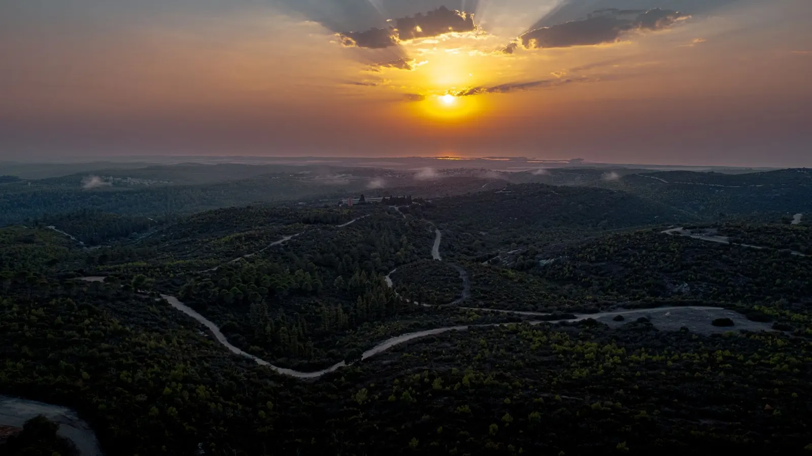 Aerial view of a lake and forest at sunset (sample image)